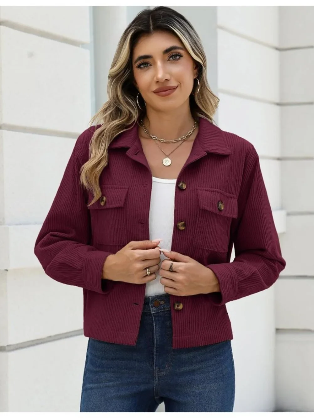 Women's Burgundy Fashion Cropped Corduroy Button Down Long Sleeve Trendy Jacket